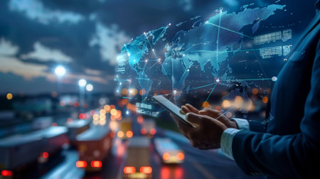 Businessman holding virtual interface panel of global logistics network distributionの素材