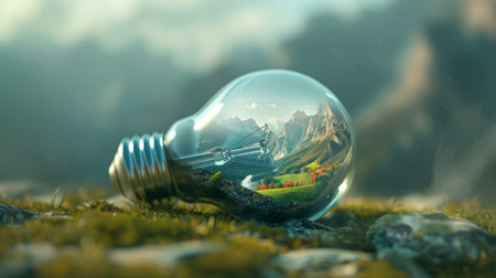 A concept image of a light bulb filled with a miniature landscape, representing creativity and new ideasの素材