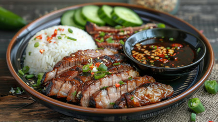A plate of grilled pork neck slices served with dipping sauce, cucumber slices, and sticky rice, on a rustic wooden tableの素材