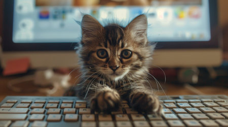 A kitten sitting in front of a keyboard, paws resting on the keys, with a blurred screen showing social media in the backgroundの素材