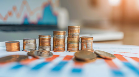 Stock funding or money saving graph with coins. Background for business ideasの素材