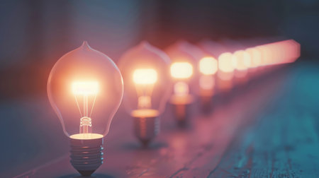 A light bulb glowing brightly amidst a line of unlit bulbs, symbolizing innovation and standing outの素材
