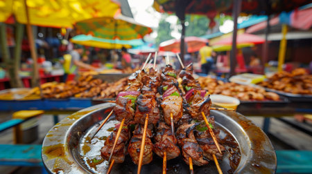 A high-angle shot of grilled pork neck skewers on a platter, with colorful market stalls in the backgroundの素材