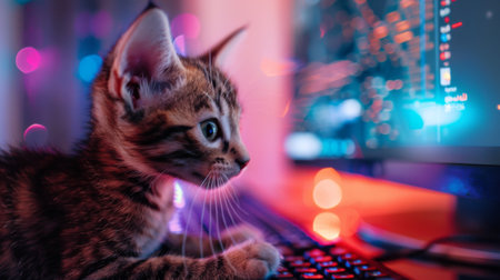 A playful kitten exploring a desktop setup, with its reflection visible on the glossy monitor screenの素材