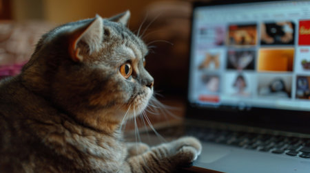 A Scottish Fold cat gazing intently at a laptop screen showing a streaming service homepageの素材