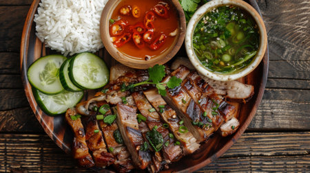 A plate of grilled pork neck slices served with dipping sauce, cucumber slices, and sticky rice, on a rustic wooden tableの素材