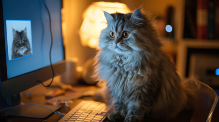 A fluffy Persian cat sitting on a desk beside a computer monitor, seemingly watching a video with great interestの素材