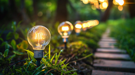 A row of solar-powered light bulbs lighting up a garden path at dusk, showcasing sustainable energy useの素材