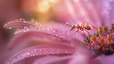 A macro shot of an ant climbing a flower stem, with morning dew drops adding a fresh and vibrant lookの素材