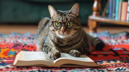 A large tabby cat in quirky glasses, lying on a colorful rug with a book open in front of itの素材