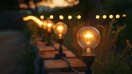 A row of solar-powered light bulbs lighting up a garden path at dusk, showcasing sustainable energy useの素材