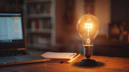 A light bulb casting a soft glow on a modern workspace, with a laptop and notebook in viewの素材