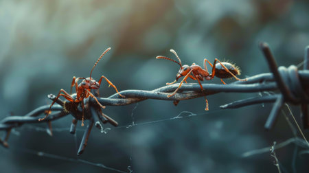 An ant walking along a barbed wire fence, juxtaposing nature with human-made structuresの素材