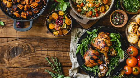 A top-down view of a rustic wooden table filled with grilled chicken, fresh herbs, and side dishesの素材