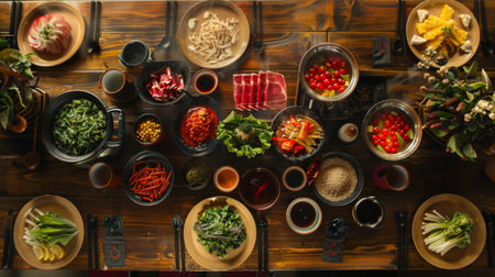 A top-down view of a Shabu Shabu table setup, complete with dipping sauces, fresh ingredients, and hot potsの素材