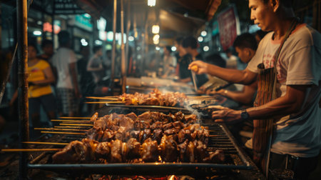 A street food vendor grilling pork neck skewers over charcoal, with customers waiting eagerly in lineの素材
