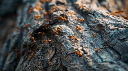 A trail of ants marching along a tree trunk, highlighting their organized behavior and communal effortの素材