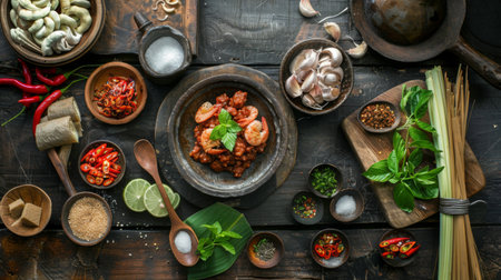 A top-down view of a traditional Thai cooking setup, featuring shrimp paste, tamarind, and palm sugar on a rustic tableの素材