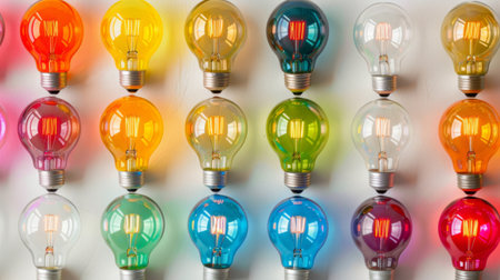 An array of colorful light bulbs against a white background, highlighting variety and creativityの素材