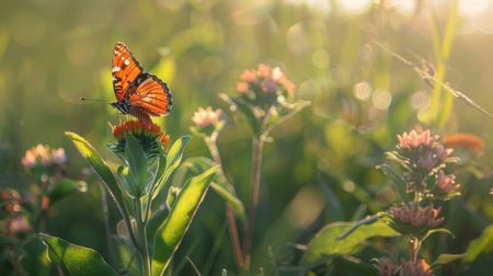 A vibrant butterfly perched on a colorful flower in a sunlit meadow, with soft-focus greenery in the backgroundの素材