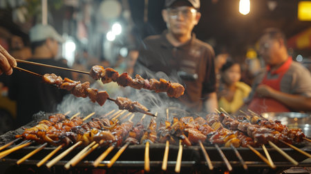 A street food vendor grilling pork neck skewers over charcoal, with customers waiting eagerly in lineの素材