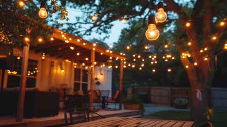An outdoor patio with string lights featuring multiple light bulbs, creating a festive and inviting atmosphereの素材