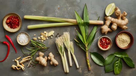 A spread of ingredients for making Thai Tom Yum soup, including lemongrass, galangal, and lime leaves, with seasoningsの素材