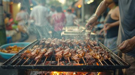 A street food vendor grilling pork neck skewers over charcoal, with customers waiting eagerly in lineの素材