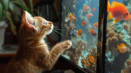 An orange tabby cat standing on its hind legs, reaching up to a computer monitor displaying a fish screensaverの素材