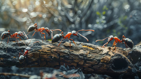 Ants interacting with each other on a log, possibly communicating or exchanging foodの素材