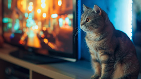 A Scottish Fold cat sitting on a shelf beside a TV, mesmerized by a fast-paced action movieの素材