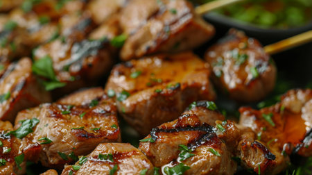 Close-up of succulent grilled pork neck slices on a skewer, served with dipping sauce and fresh herbsの素材