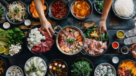 A top-down view of a Shabu Shabu table setup, complete with dipping sauces, fresh ingredients, and hot potsの素材