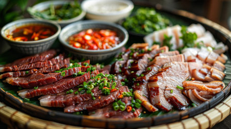 A platter of thinly sliced pork and beef ready for Thai BBQ, with dipping sauces and condiments on the sideの素材