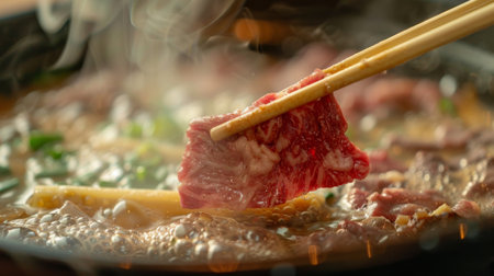 A detailed shot of chopsticks holding a piece of meat over a bubbling Shabu Shabu hot potの素材