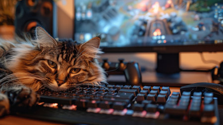 A Maine Coon cat lying across a keyboard, with the monitor showing a paused video game on the screenの素材