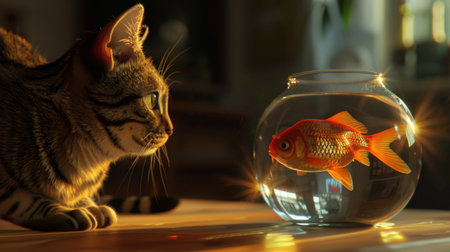 A cat staring intently at a fish bowl placed on a wooden table, ready to make its move. The room is warmly lit and inviting.の素材