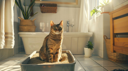 A cat covering its waste in a well-maintained litter box, with a sunny bathroom creating a bright atmosphere.の素材