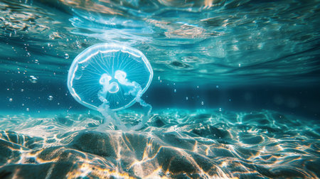 A jellyfish floating near a sandy seabed, with tiny marine creatures moving around it.の素材