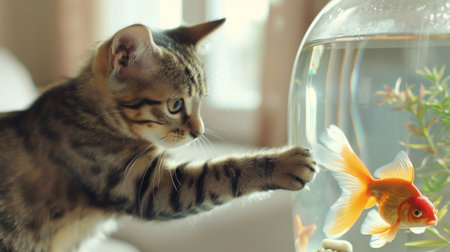 A cat dipping its paw into a fish tank, trying to catch a goldfish. The living room setting is bright and modern.の素材