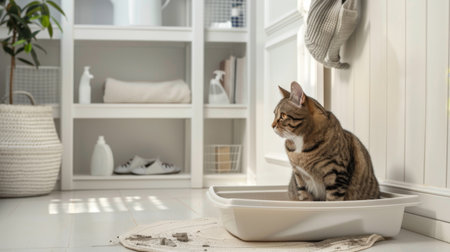 A cat using a high-sided litter box in a tidy utility room, with shelves and cleaning supplies visible.の素材