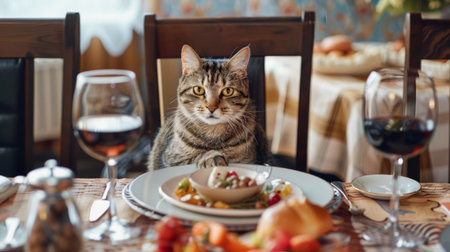 A cat sitting at a table with a fancy dish of food, mimicking human dining in a cozy dining room.の素材