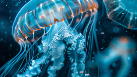 A close-up of a jellyfish's tentacles, highlighting their delicate and intricate structure.の素材