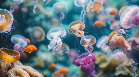 A group of colorful jellyfish floating in a vibrant underwater scene, surrounded by small fish and coral.の素材