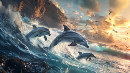 A group of dolphins surfing the waves near a coastal cliff, with the dramatic landscape in the background.の素材