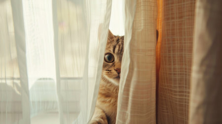 A chubby cat peeking out from behind a curtain, only its face and one paw visible. The background is a bright, airy room.の素材