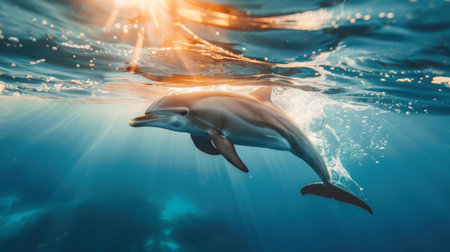 A dolphin gracefully gliding just below the ocean surface, with the sunlight creating beautiful patterns in the water.の素材