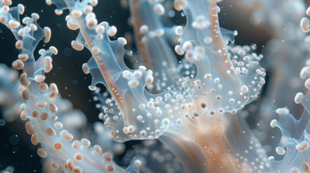 A close-up of a jellyfish's tentacles, highlighting their delicate and intricate structure.の素材