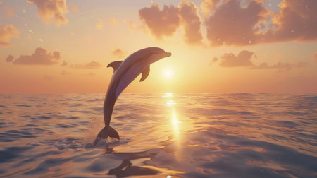 A playful dolphin leaping out of the water against a backdrop of a stunning sunset over the ocean.の素材