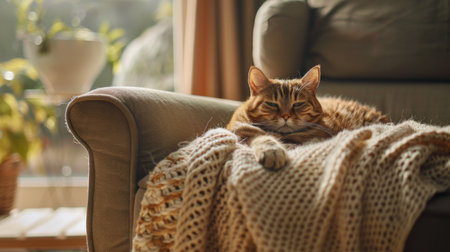 A chubby cat lounging on a large, comfortable armchair, with a soft blanket draped over the side.の素材